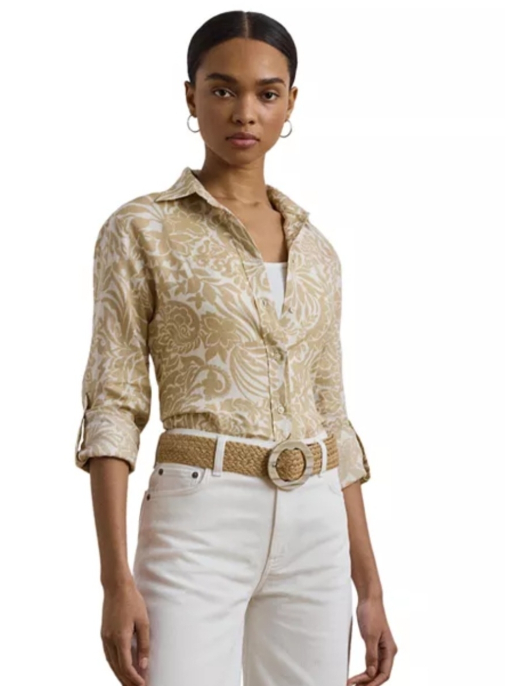 Lauren Ralph Lauren Relaxed Fit Floral Linen Shirt Cream Tan Size 2X NEW